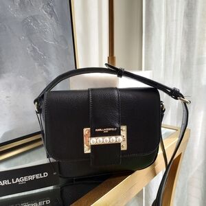 Karl Lagerfeld Black Crossbody Bag with gold and pearl details.